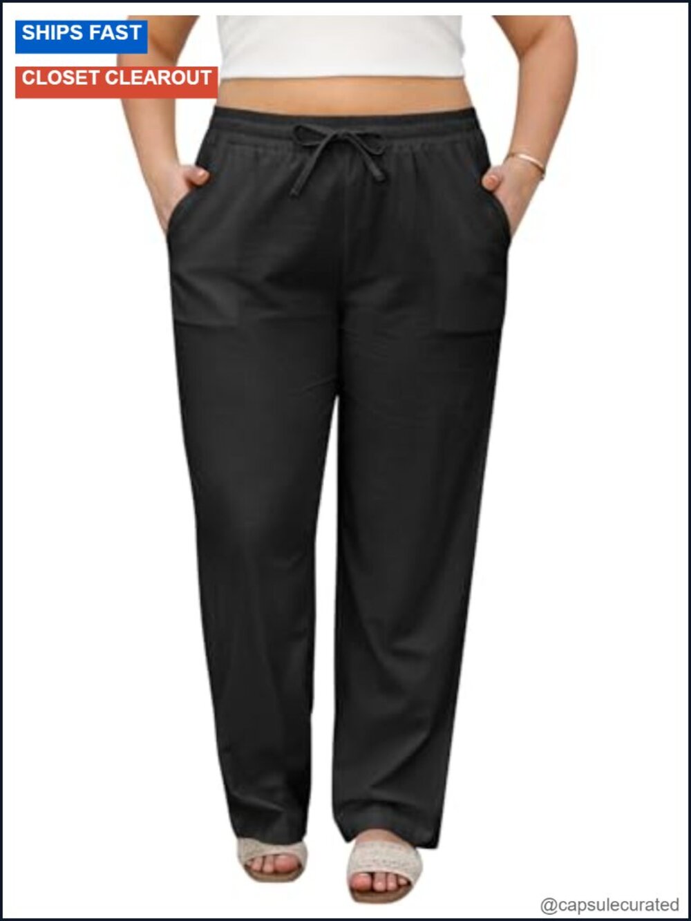 Plus Size Linen Pants Straight Leg Elastic Waisted Adjustable Palazzo with